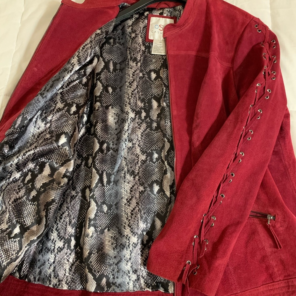 OSO Maroon/Pink Leather Jacket with Laced Sleeve and Silky Lining, Size 2X